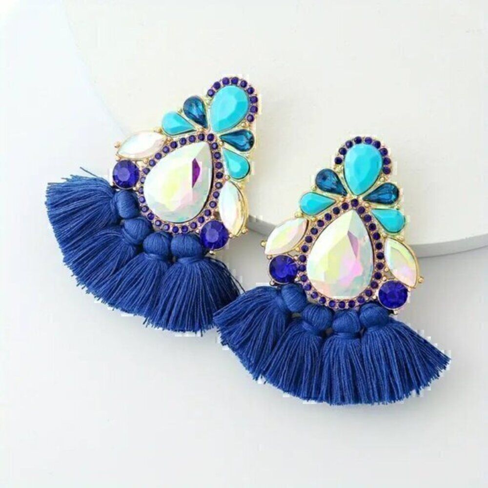 Blue Boho Tassel Teardrop Gemstone Rhinestone Fan-Shaped Earrings